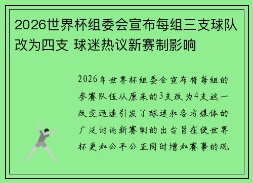 2026世界杯组委会宣布每组三支球队改为四支 球迷热议新赛制影响