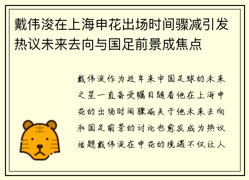 戴伟浚在上海申花出场时间骤减引发热议未来去向与国足前景成焦点