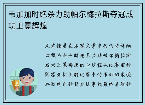 韦加加时绝杀力助帕尔梅拉斯夺冠成功卫冕辉煌